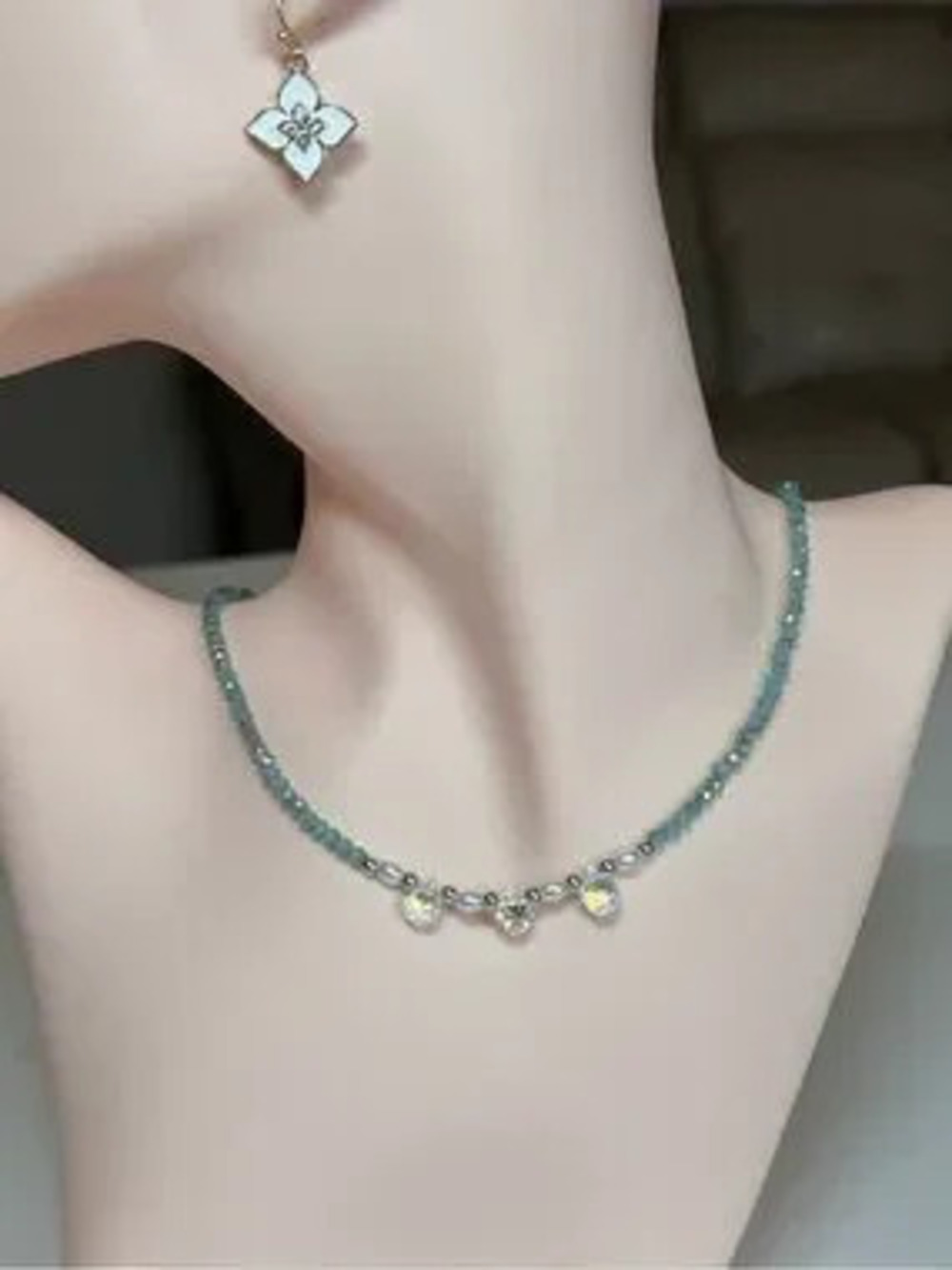Delicate Aqua Beaded Necklace with Crystal Charms